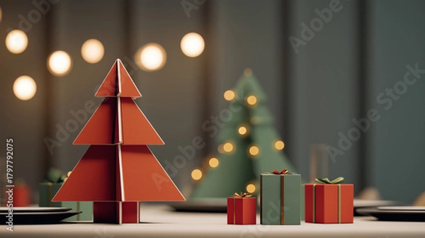 Obraz Minimalist Christmas Table Decor with Geometric Tree and Wrapped Gifts