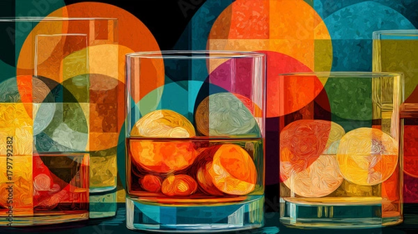 Obraz Abstract Cocktail Glasses with Ice and Overlapping Colorful Circles