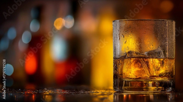 Obraz Close-Up of Whiskey Glass with Ice Against Warm, Blurred Bar Background