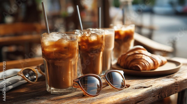 Obraz Refreshing Iced Coffee and Croissant on Rustic Café Table with Sunglasses