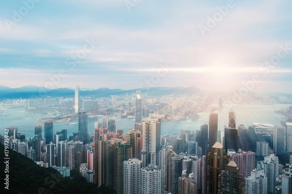 Fototapeta Victoria harbor Hong Kong at  sunset , View from Victoria Peak