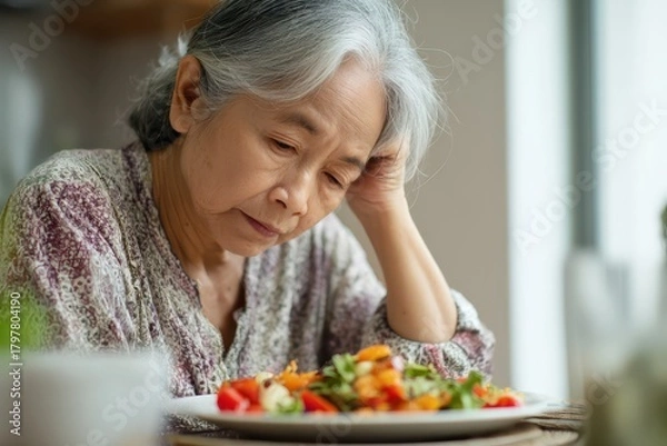 Fototapeta Elderly Woman Experiences Cachexia: Struggling with Anorexia and Discomfort in Eating