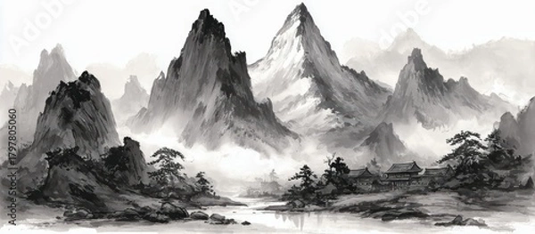 Obraz Mountain range with a river running through it and a small village in the distance. The scene is serene and peaceful