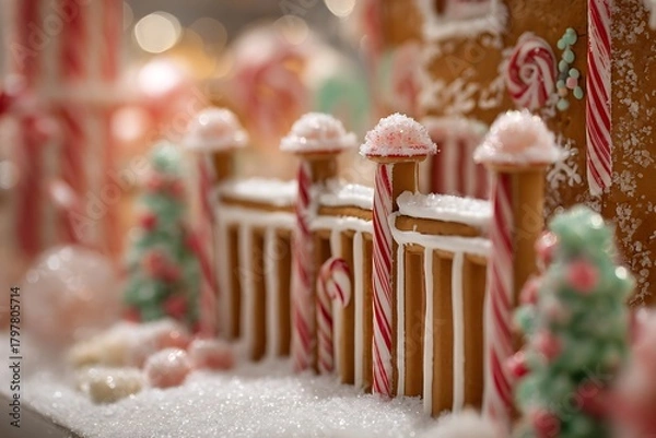 Fototapeta A close-up of a gingerbread house with intricate candy cane fences and gumdrop decorations, dusted with powdered sugar snow 