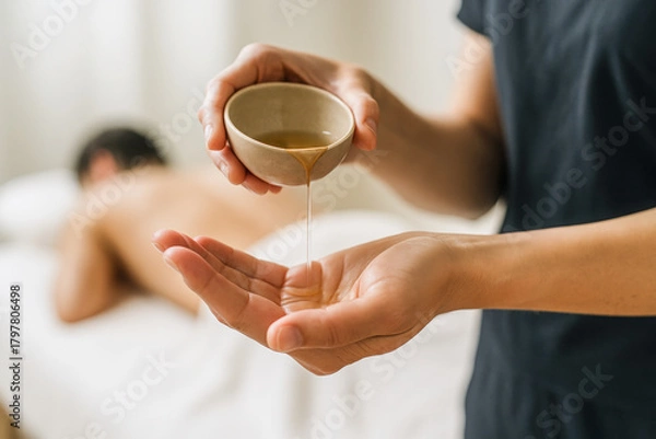 Obraz Horizontal intimate spa moment with warm massage oil being poured into the therapist’s hands as a client rests in the blurred background captured in natural soft lighting to express warmth, relaxation