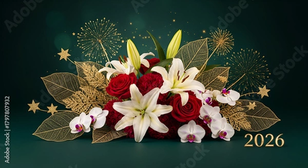 Obraz Festive Floral Arrangement with Fireworks and Year 2026