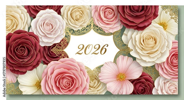Obraz Floral arrangement with roses and the year 2026 in a decorative frame