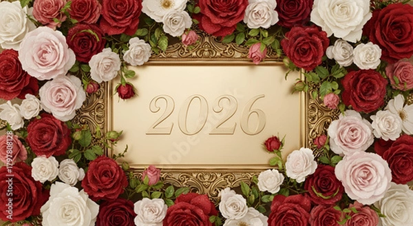 Obraz Festive 2026 New Year floral frame with red and pink roses