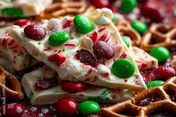 Fototapeta A colorful Christmas candy bark with white chocolate, pretzels, and red and green M&Ms, broken into pieces 