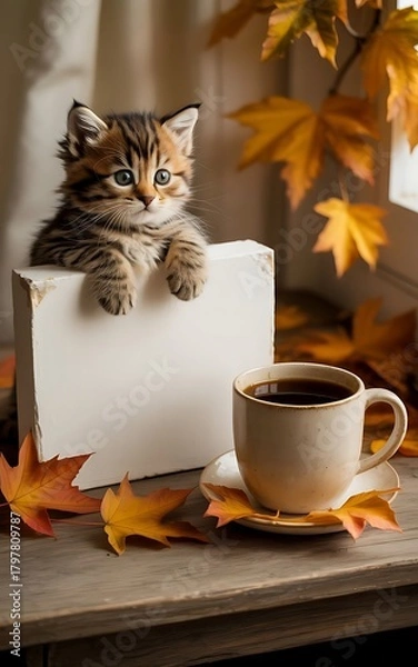 Fototapeta cat with cup of coffee