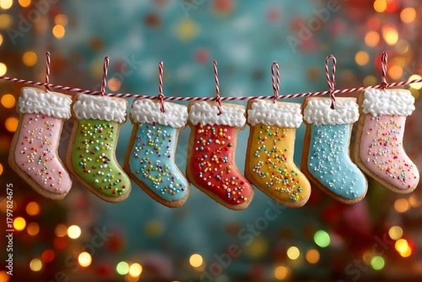 Fototapeta A row of Christmas stocking cookies decorated with colorful icing and sprinkles, hanging on a string against a festive background 