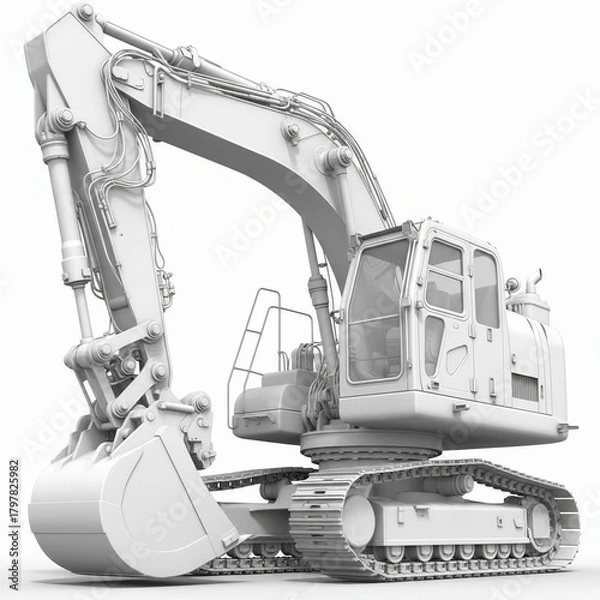 Obraz White Heavy Excavator Construction Machine 3D Clay Render Model isolated