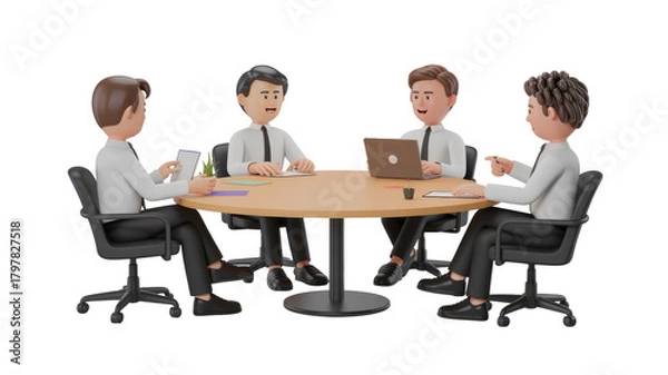 Fototapeta Four 3D cartoon businessmen in suits hold a lively round table meeting, utilizing laptops, tablets, and papers for discussion and collaboration. background removed
