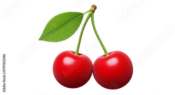 Obraz Two ripe cherries with a green leaf