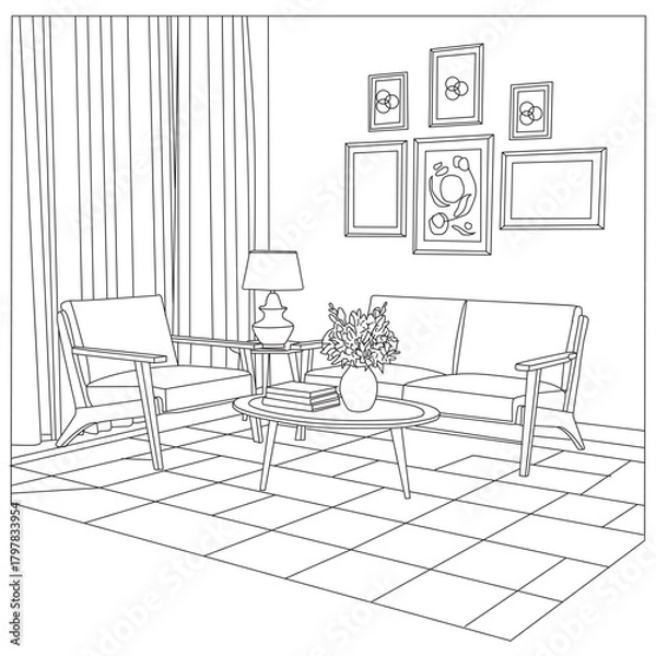 Fototapeta Elegant living room line art illustration featuring sofa, chairs, coffee table, lamp,
curtains, and wall frames. Ideal for interior design, home decor, catalogs, and vector projects.