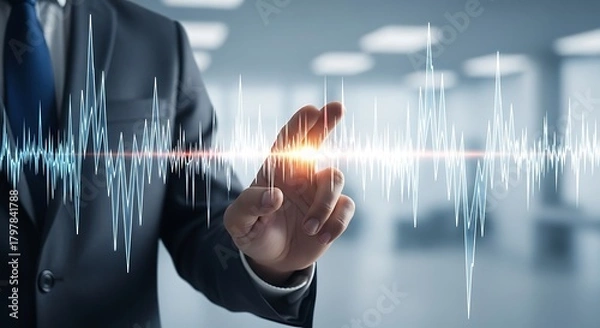 Fototapeta Man in suit touching glowing digital sound wave graph technology data