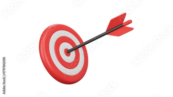 Obraz A 3D rendering of a red and white target with a black arrow accurately hitting the bullseye, symbolizing success and precision. background removed