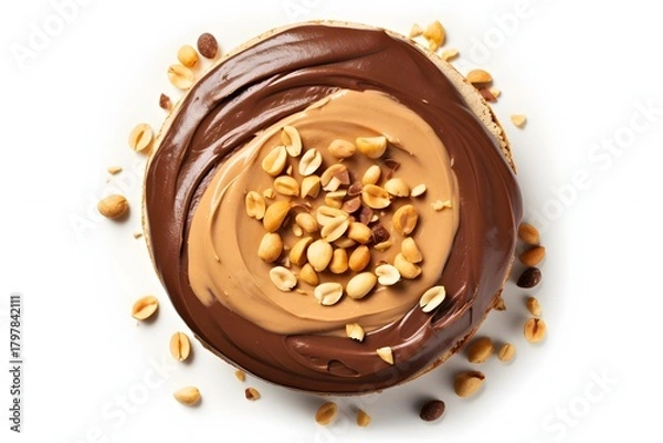 Obraz Delicious chocolate and peanut butter swirl topped with peanuts on white background