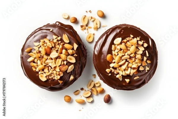 Obraz Two chocolate covered cookies with chopped peanuts on a white background