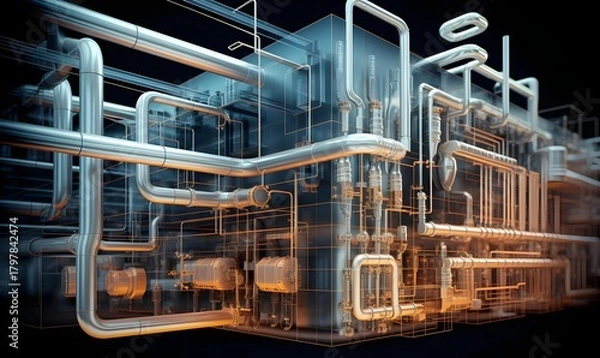 Obraz Abstract futuristic industrial factory with glowing pipes and lights