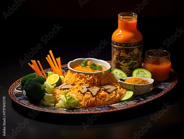 Obraz Delicious and healthy meal with fresh vegetables and sauce