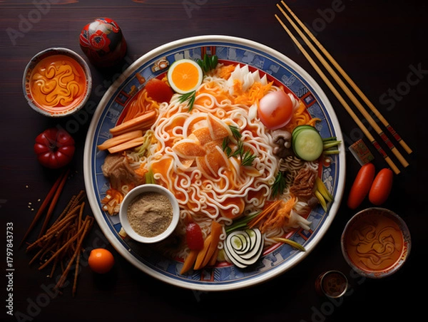 Obraz Vibrant asian noodle salad with fresh ingredients and chopsticks overhead view