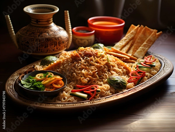 Obraz Delicious and colorful middle eastern food platter with rice and dips