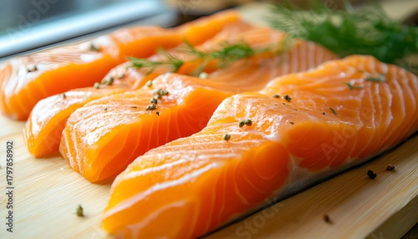 Fototapeta slices of salmon on whooden board