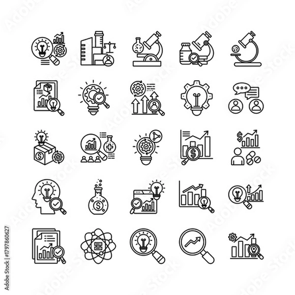 Fototapeta Research and development icon set collection. Containing examine, evolution, increase, operation, searching, profit, employment .Line vector icons collection