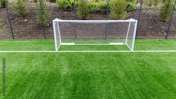 Obraz Football goal on a football field view from a quadcopter