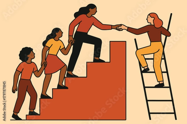 Obraz Diverse group of women helping each other climb stairs and ladder towards success and teamwork