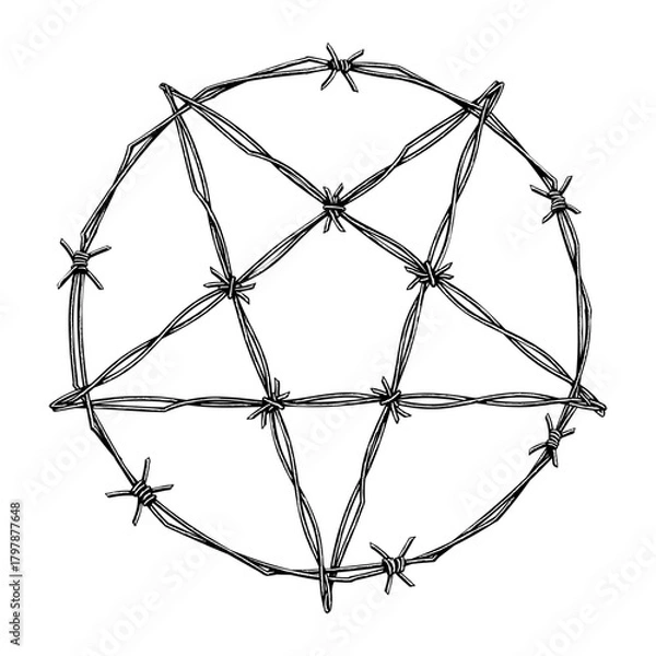 Obraz pentagram formed entirely from intertwined barbed wire. The sharp lines, twisted metal texture, and symbolic shape create a bold fusion of danger, rebellion, and dark aesthetic.
