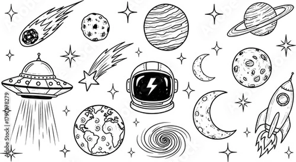 Fototapeta Hand drawn sketch of space elements including planets ufo astronaut helmet comets and stars