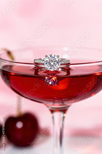 Obraz Engagement ring resting on a vibrant cherry cocktail with a soft pink background