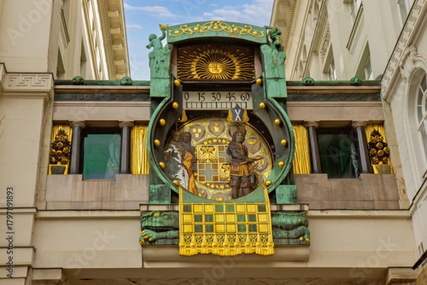 Fototapeta Ankeruhr Anker Clock in Vienna, an ornate Art Nouveau timepiece in Vienna