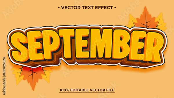 Obraz September Editable text effect with autumn leaves editable vector illustration