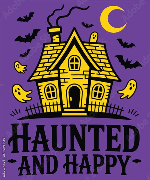 Fototapeta Haunted house with ghosts and bats at night