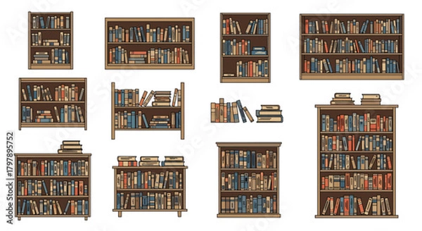 Fototapeta Collection of pixel art bookshelves filled with books.