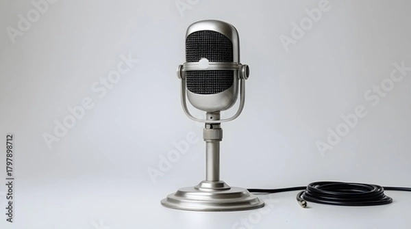 Obraz Retro Silver Vocal Microphone with Coiled Cord and Circular Base