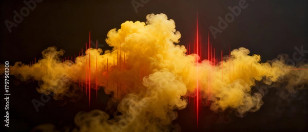 Fototapeta Abstract 3D Render of a Loud Sound Wave or Audio Equalizer Represented by a Voluminous Yellow and Orange Smoke Cloud with Pulsing Red Neon Light Bars on a Dark Background