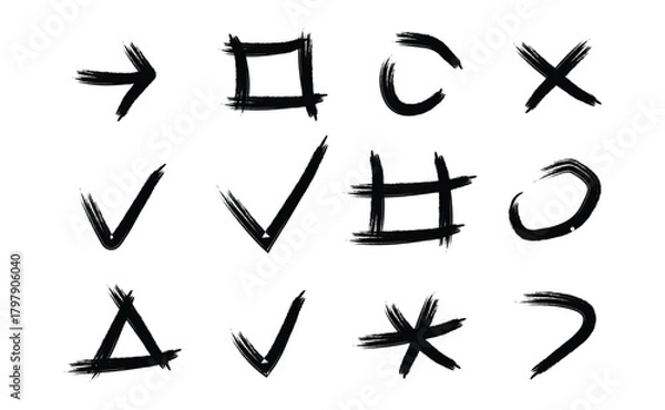 Fototapeta Hand drawn brush stroke symbols arrows check marks circles shapes and icons clipart set