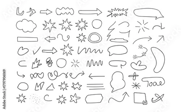 Fototapeta Hand drawn doodle elements with arrows stars clouds and speech bubbles