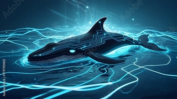 Obraz Futuristic Glowing Blockchain Circuits Forming a Whale Silhouette
