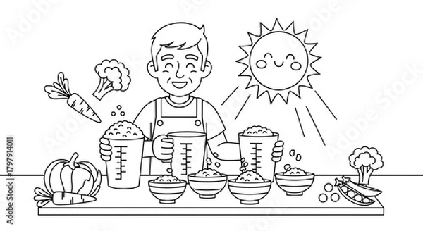 Fototapeta Illustration of a smiling farmer proudly displaying various grains and vegetables under the bright sun