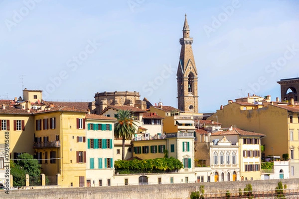 Obraz Florence Riverside Skyline with Historic Tower and Colorful Buildings
