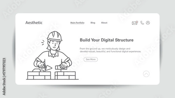 Obraz Construction worker building wall with bricks for digital structure website