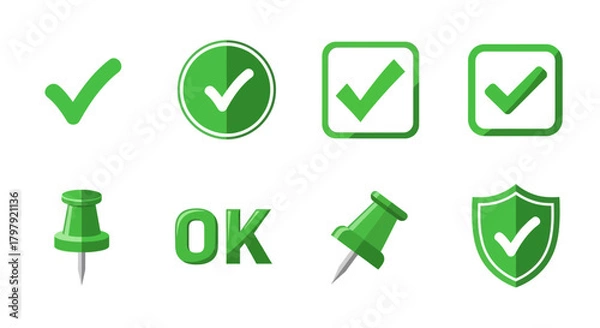 Obraz Green checkmark icons, ok text, pushpins, and shield symbols set