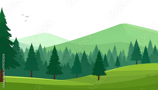 Fototapeta A drone flies over a verdant forest, rolling hills, and a backdrop of green mountains under a dark sky