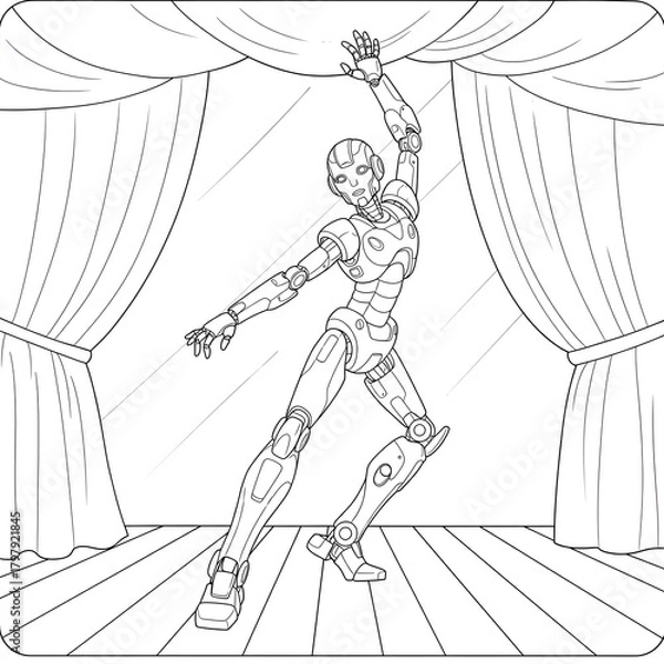 Fototapeta A graceful humanoid robot ballerina performs an elegant dance on a theatrical stage, presented as a detailed black and white coloring page