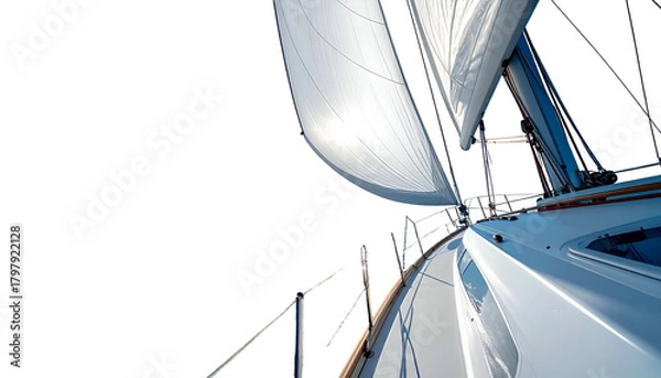 Obraz Yacht sailing, sunlit white sails billowing with the wind against a black background